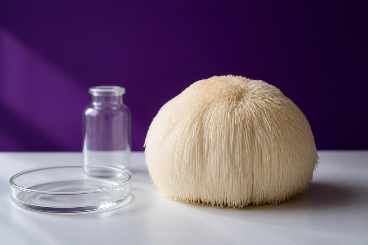 Fresh lion's mane mushroom (Hericium erinaceus) with long white spines beside a glass petri dish and lab vial