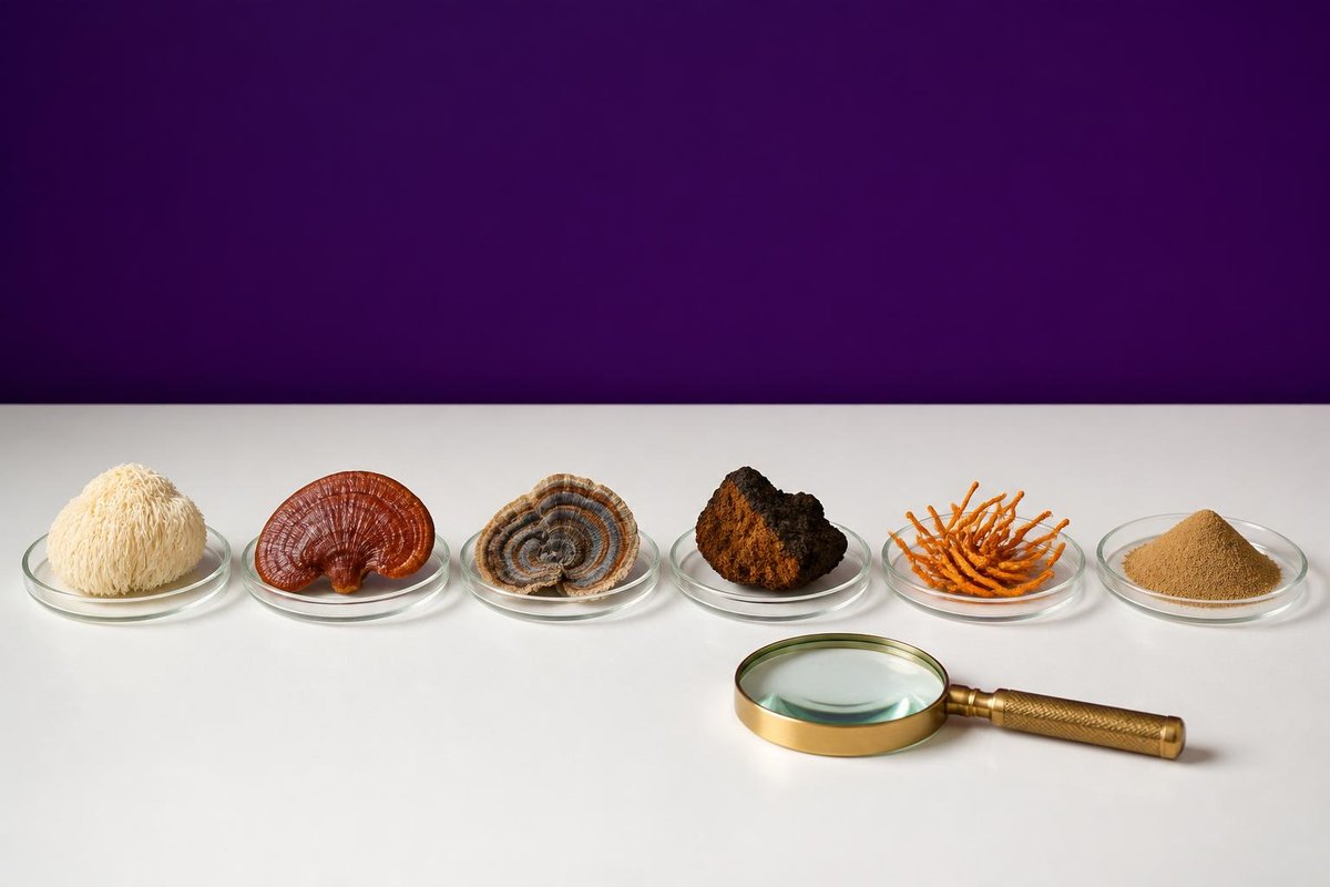 Six medicinal mushroom samples in glass dishes, lion's mane, reishi, turkey tail, chaga, cordyceps and mushroom extract powder, with a magnifying glass for checking supplement quality