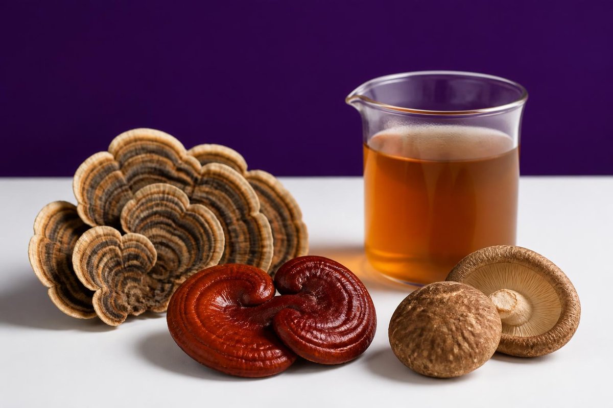 Medicinal mushrooms for immune health: turkey tail, reishi and shiitake beside a glass beaker of mushroom tea