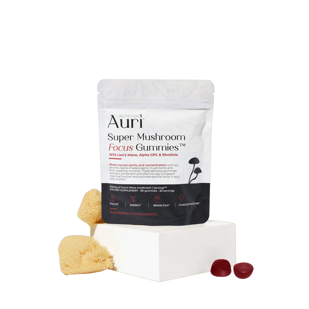 Pouch of Auri Super Mushroom Focus Gummies, raspberry pomegranate flavor