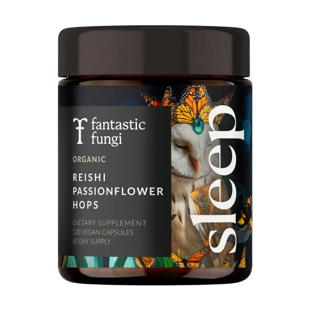 Jar of Fantastic Fungi organic reishi, passionflower, and hops sleep capsules