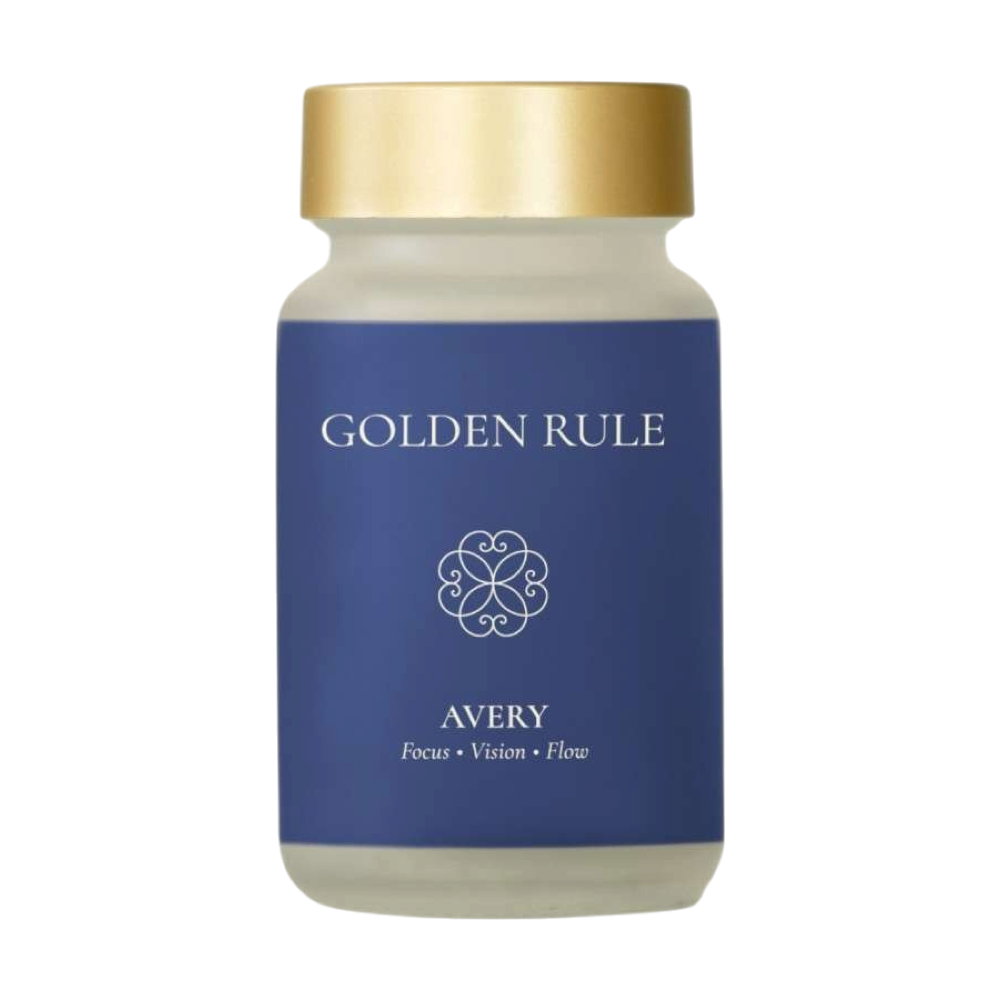 Golden Rule Avery capsule bottle with a blue label and gold cap