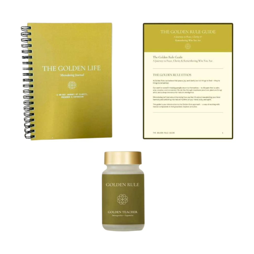 Golden Rule Beginner Kit with a gold spiral journal, a printed guide and a bottle of Golden Teacher capsules