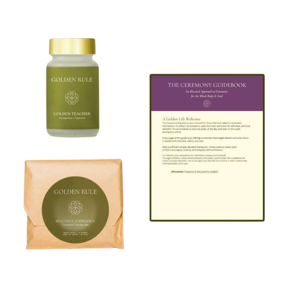 Golden Rule Ceremonial Kit with a capsule bottle, a ceremonial chocolate bar pouch and a ceremony guidebook