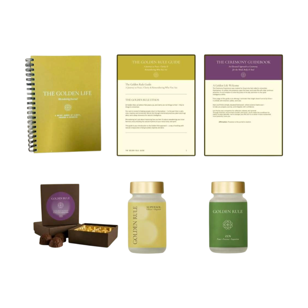 Golden Rule Golden Premium Kit with a journal, two guidebooks, a box of truffles and two bottles