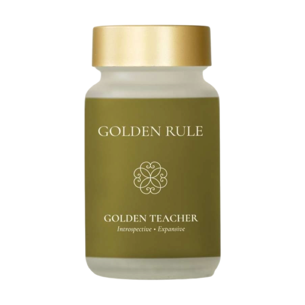 Golden Rule Golden Teacher capsule bottle with an olive-green label and gold cap