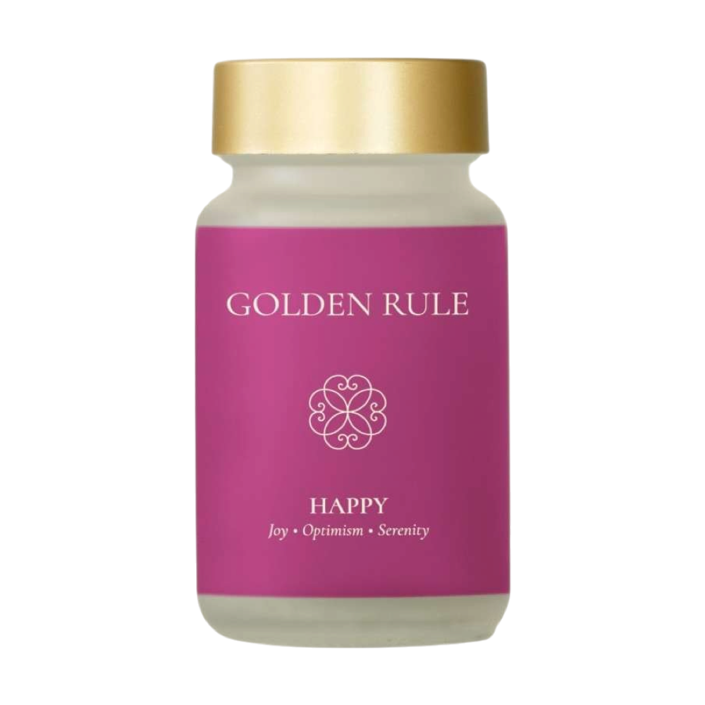 Golden Rule Happy capsule bottle with a pink label and gold cap