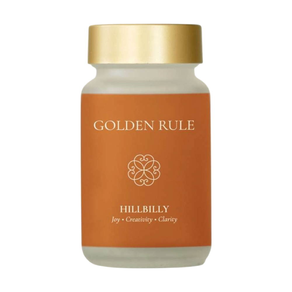 Golden Rule Hillbilly capsule bottle with an orange label and gold cap