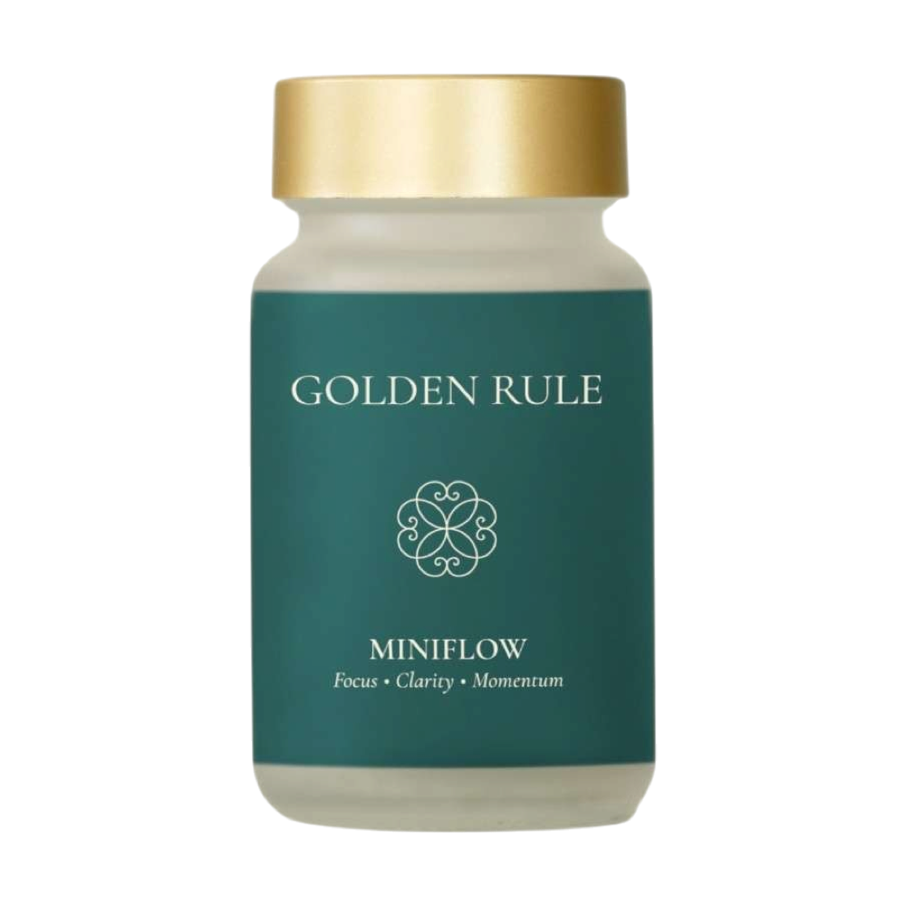 Golden Rule MiniFlow capsule bottle with a teal label and gold cap