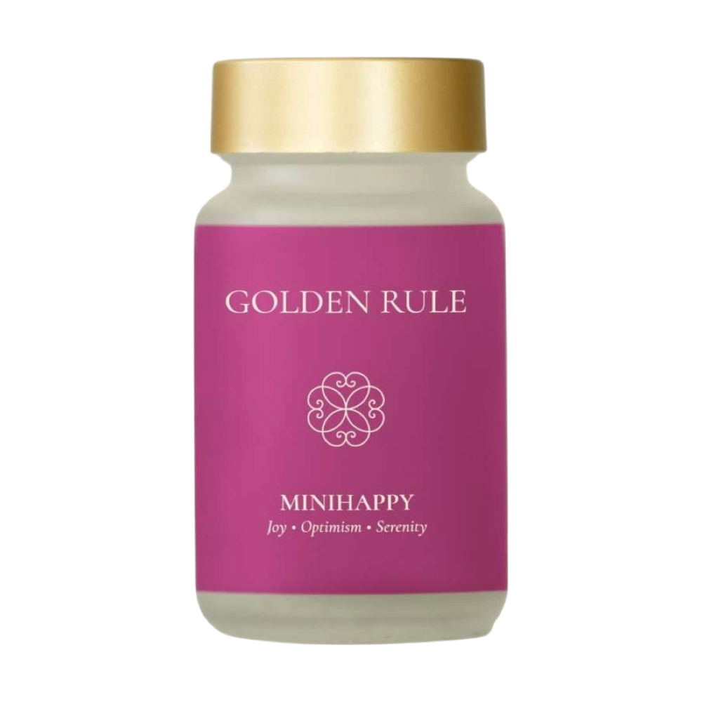 Golden Rule MiniHappy capsule bottle with a pink label and gold cap