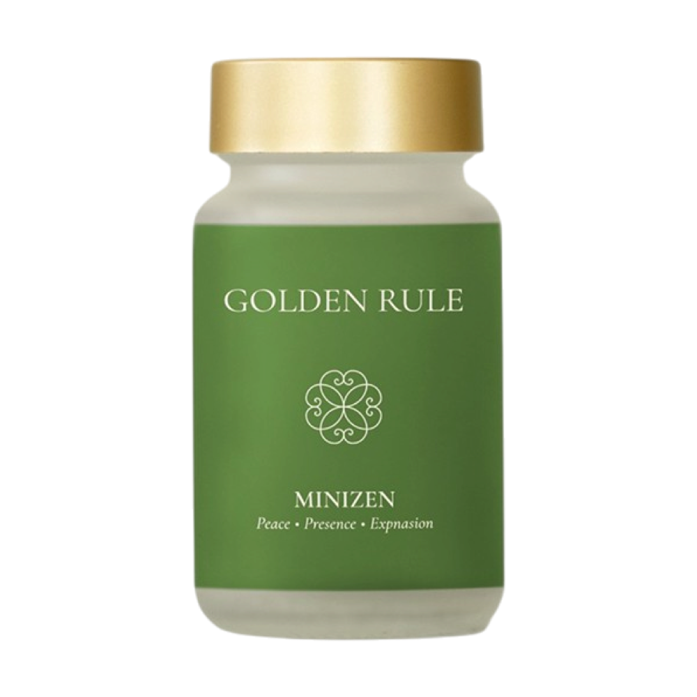 Golden Rule MiniZen capsule bottle with a green label and gold cap