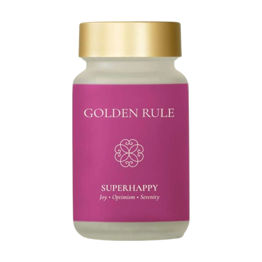 Golden Rule SuperHappy capsule bottle with a pink label and gold cap