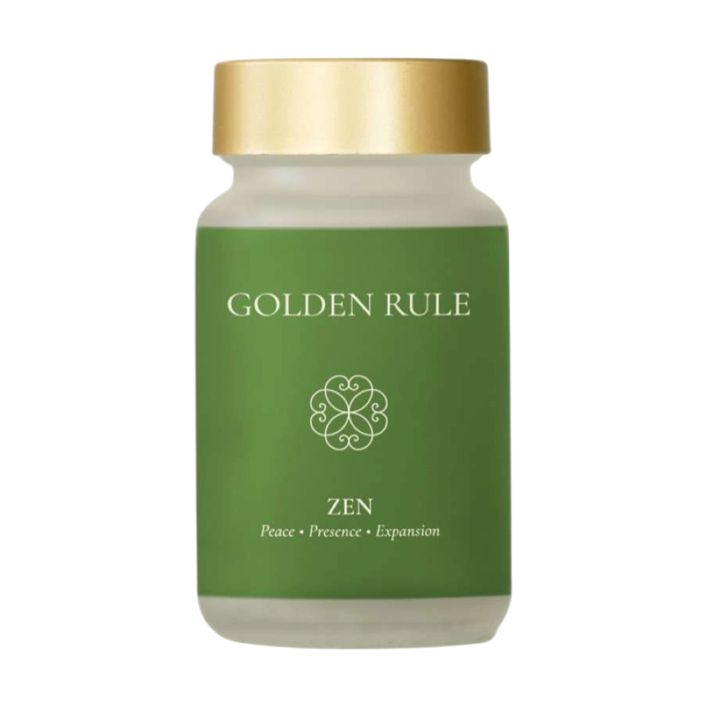 Golden Rule Zen capsule bottle with a green label and gold cap