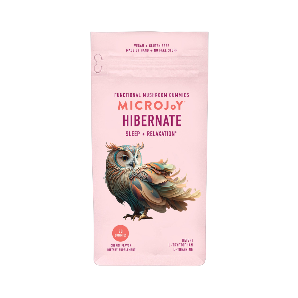 Pouch of Microjoy Hibernate reishi mushroom sleep and relaxation gummies, cherry flavor