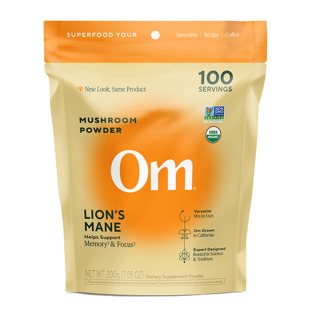 Bag of Om organic lion's mane mushroom powder, 7.05 ounce