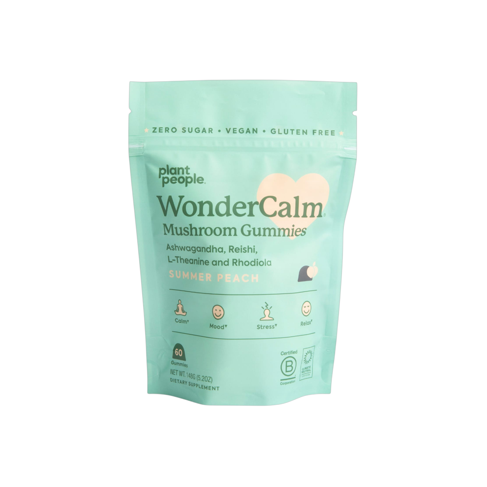 Pouch of Plant People WonderCalm mushroom stress and balance gummies, summer peach flavor