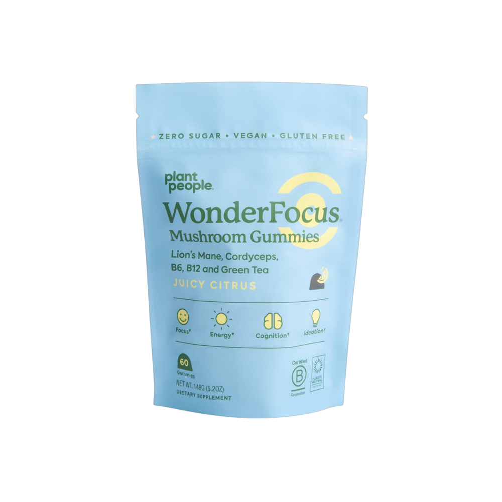 Pouch of Plant People WonderFocus mushroom gummies, juicy citrus flavor