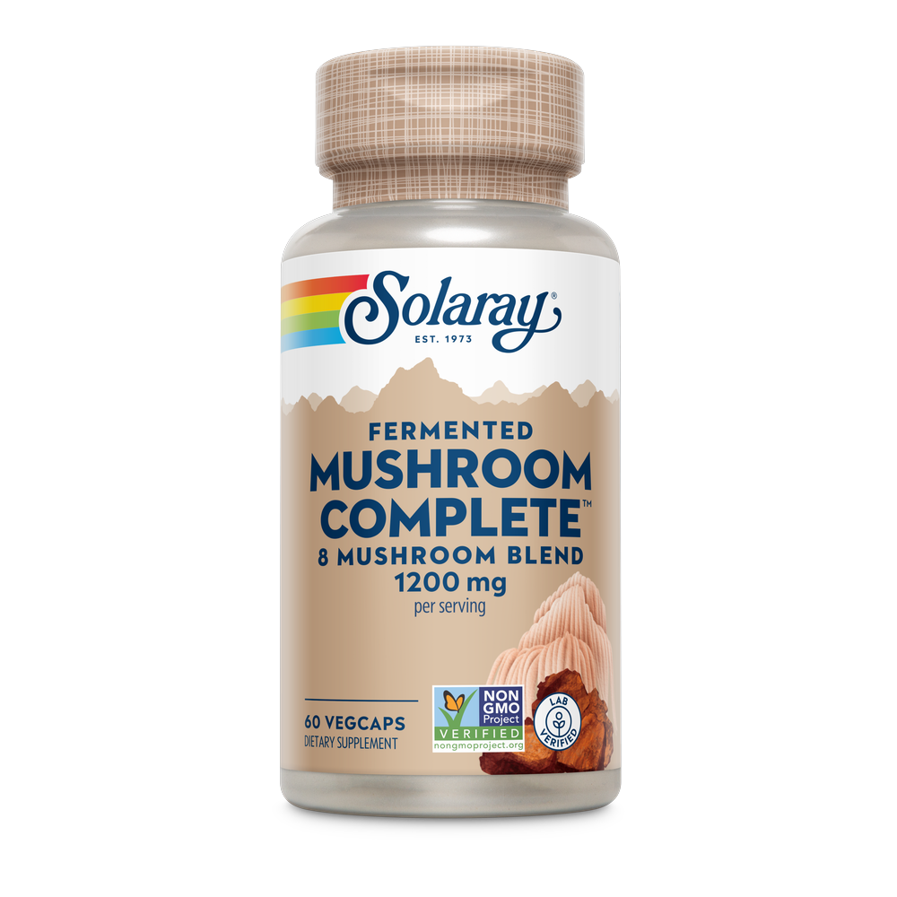 Bottle of Solaray Fermented Mushroom Complete, 8 mushroom blend capsules